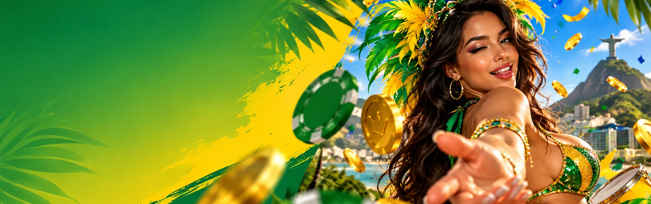 Passista de carnaval com o Cristo Redentor ao fundo, Glory Casino Brasil